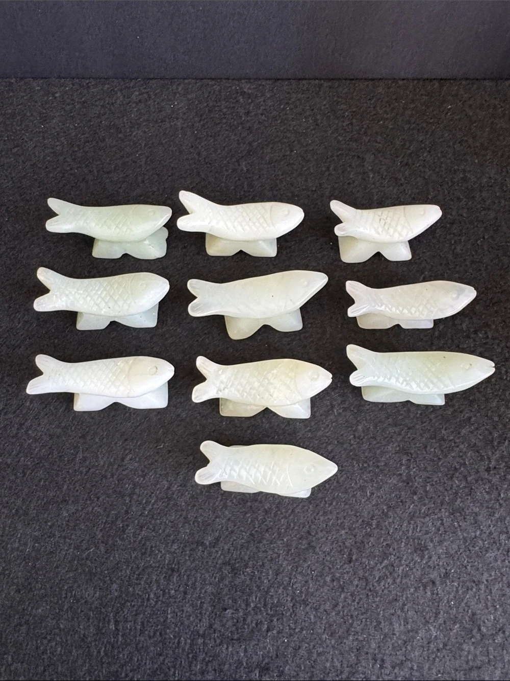 VTG Hand Carved Pale Jade Fish Chopstick Knife Rest Set of 10 Chinese